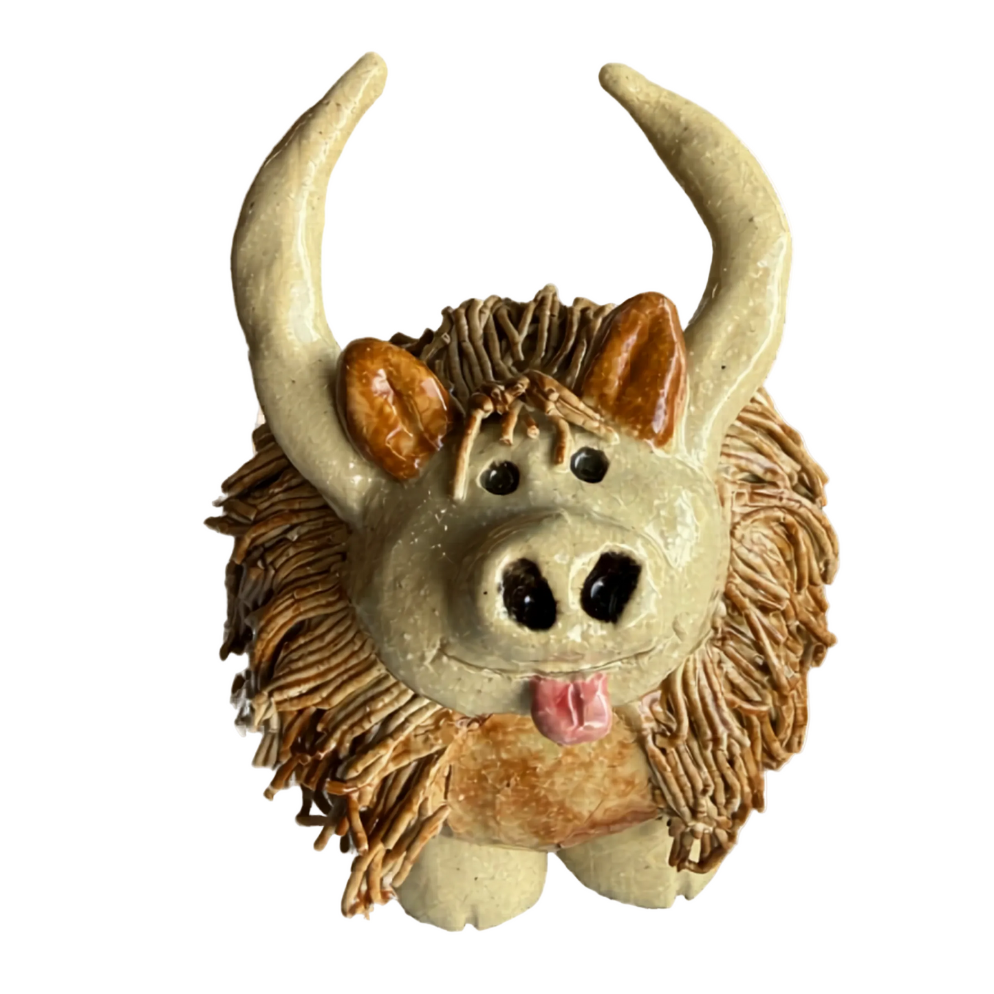 Ceramic highland cow with large horns on white background
