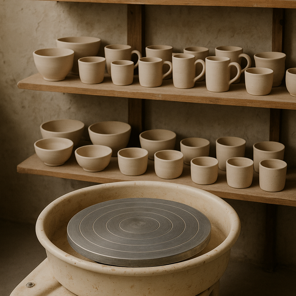 Shelves with ceramic cups and bowls in a pottery studio.