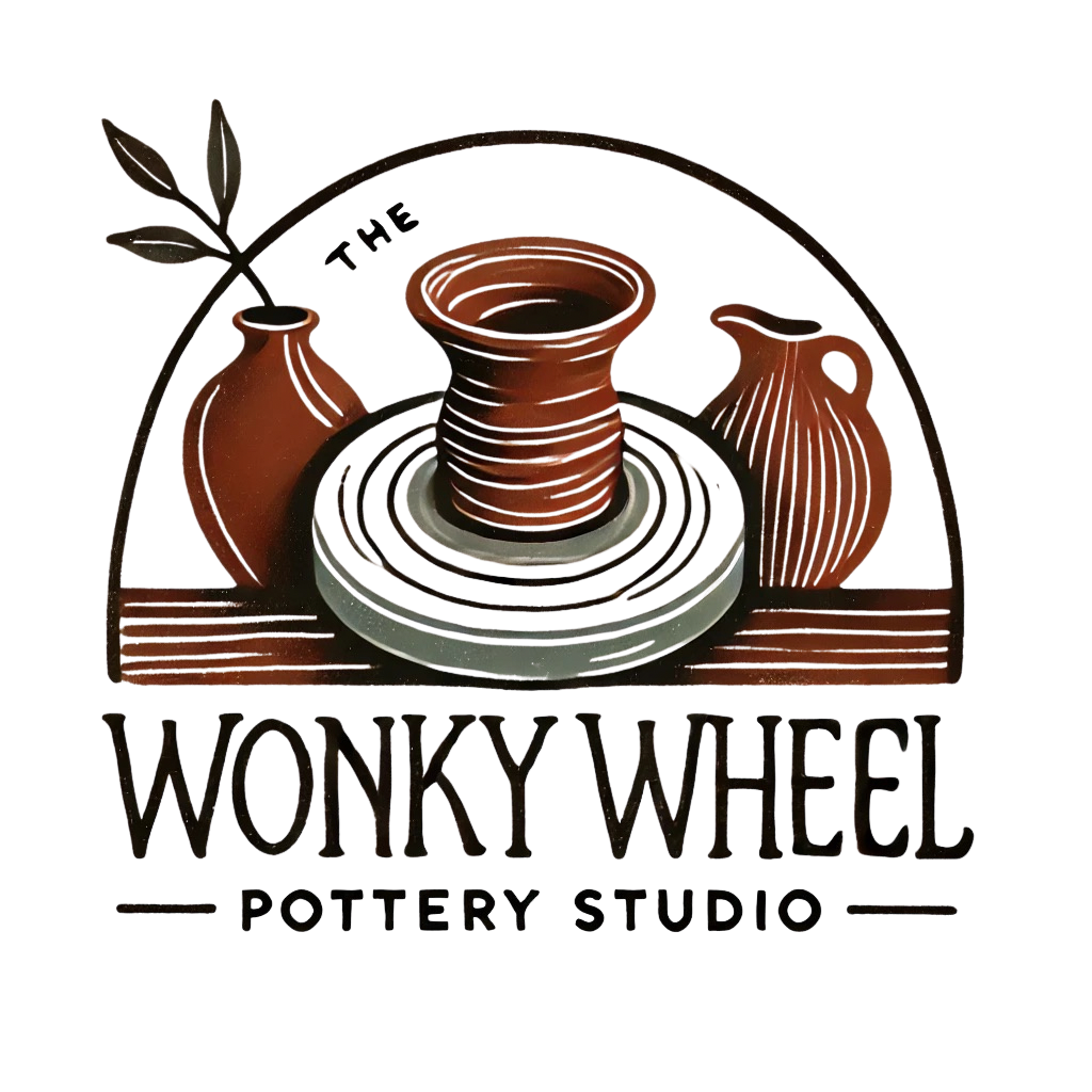 Logo of The Wonky Wheel Pottery Studio featuring pottery items and text.