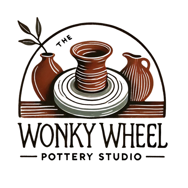 Logo of The Wonky Wheel Pottery Studio featuring pottery items and text.